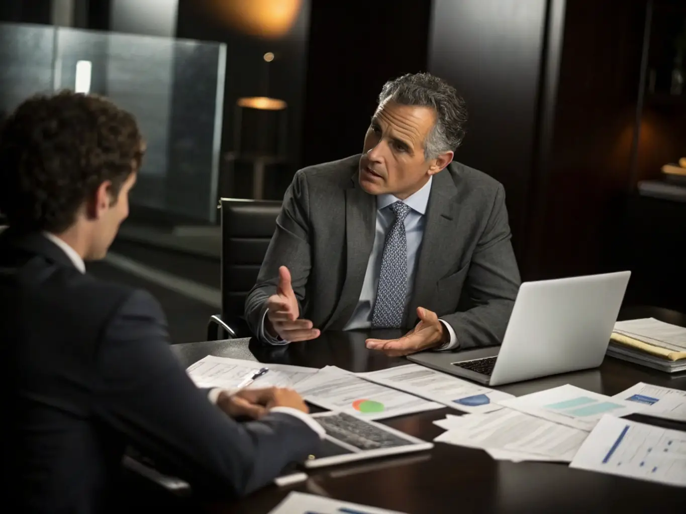 An image of a financial advisor analyzing investment charts on a digital tablet with a modern office and a city skyline in the background, representing portfolio management services.