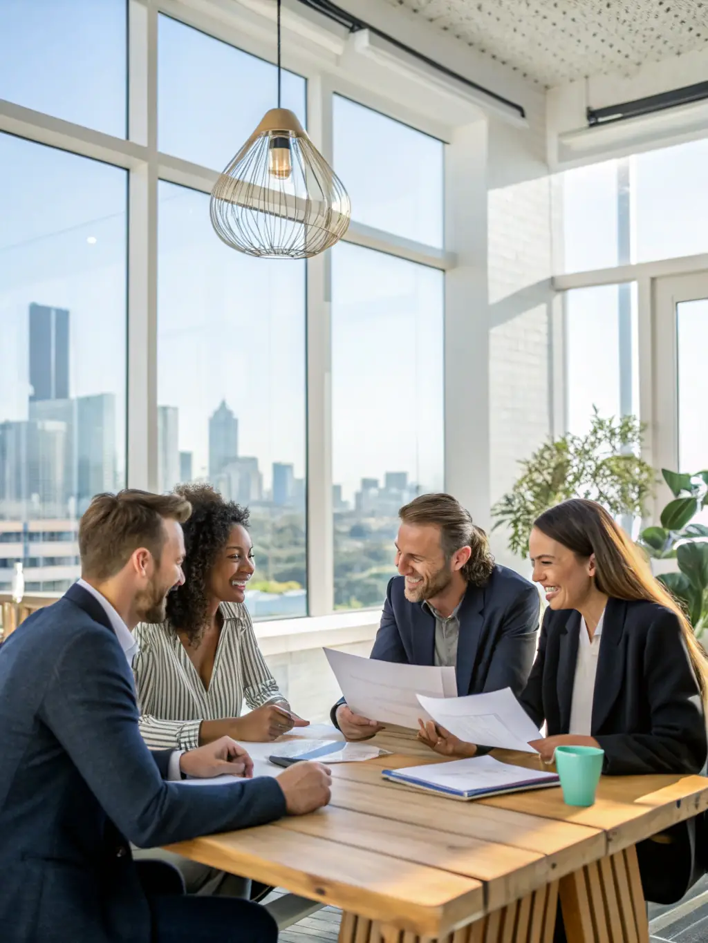 A group of startup founders brainstorming ideas in a modern office space, with laptops and whiteboards visible, representing startup capital planning.