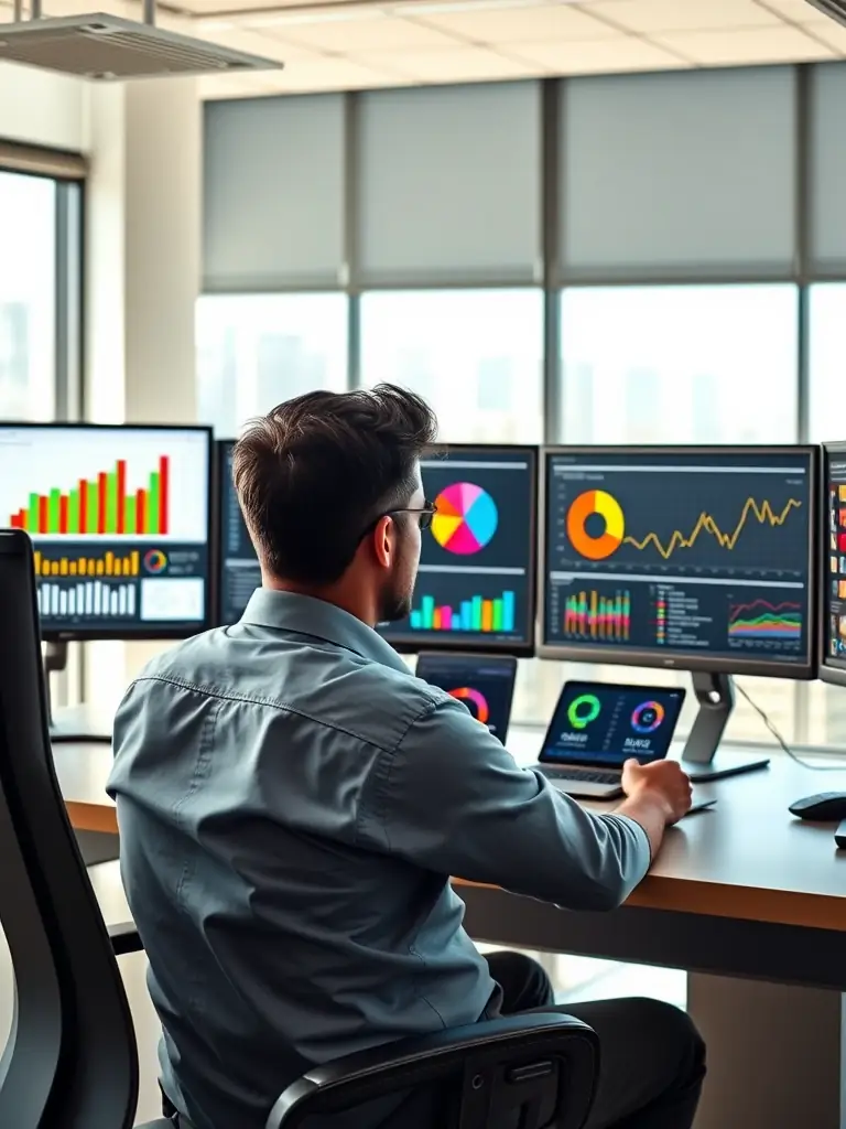A professional investor analyzing financial data on a computer screen, with charts and graphs visible in the background, representing portfolio management.