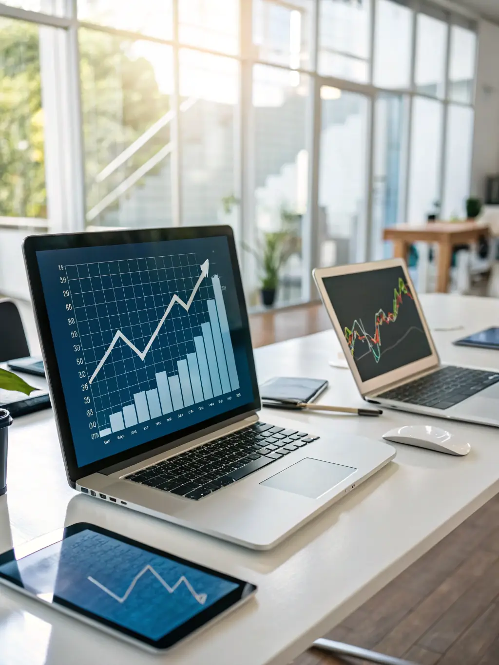 A graph showing an upward trend in ROI, with arrows indicating improvement strategies, set against a backdrop of a modern office environment.