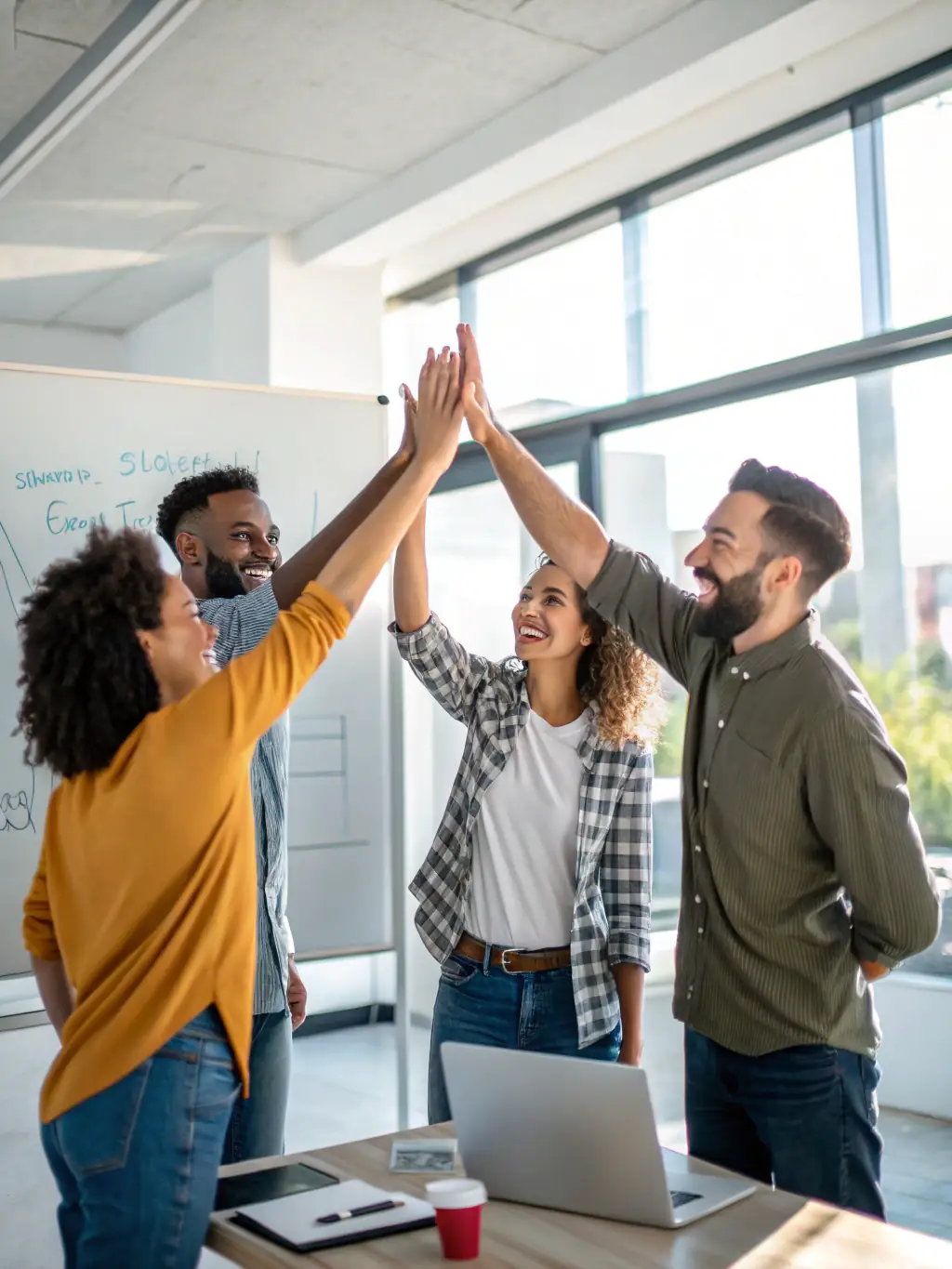 A group of startup founders brainstorming ideas in a modern office space, symbolizing ImpactDrop's startup capital planning services.